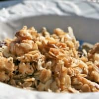 Close up of a white bowl filled with cranberry granola.