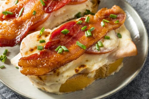 Closeup view of a Kentucky Hot Brown Sandwich