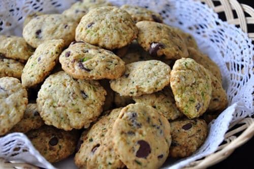 Chocolate Chip Zucchini Cookies in a lined basket