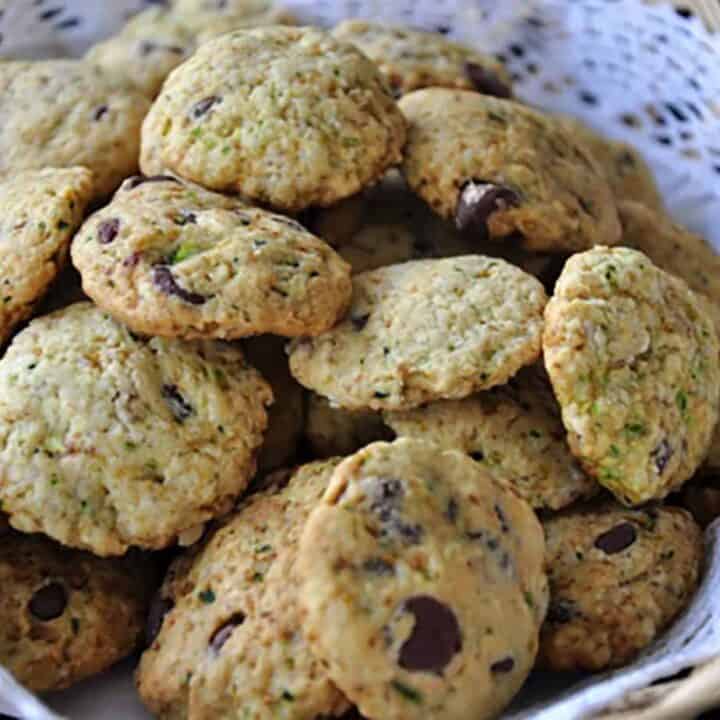 Chocolate Chip Zucchini Cookies in a lined basket
