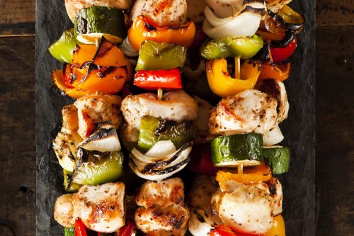 Grilled Teriyaki Chicken Skewers close up with bell peppers, onion and zucchini.