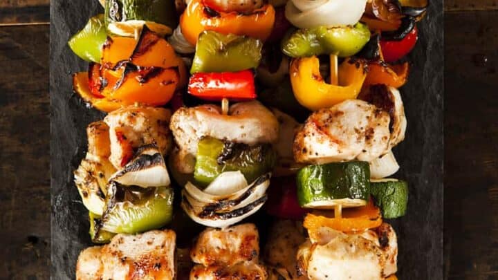 Grilled Teriyaki Chicken Skewers close up with bell peppers, onion and zucchini.