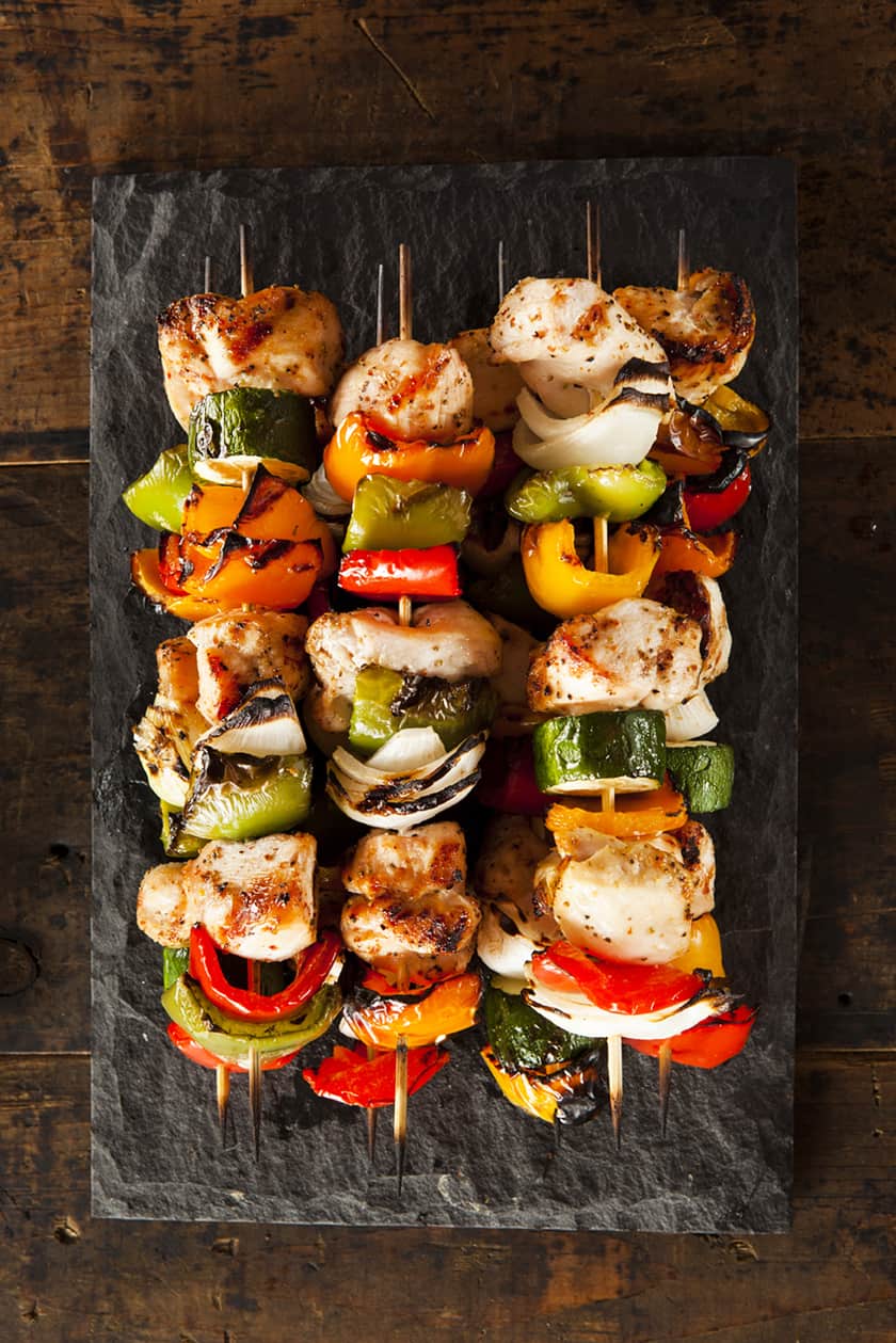 Grilled Teriyaki Chicken Skewers close up with bell peppers, onion and zucchini.