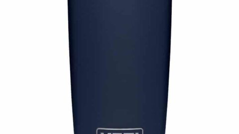 A navy blue YETI tumbler with a clear lid and stainless steel base, shown against a white background—an excellent choice when searching for Father's Day gift ideas.