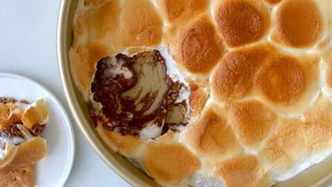 A round baking dish filled with toasted marshmallows over melted chocolate and creamy peanut butter, classic Oven S’mores style, with a portion scooped onto a plate.