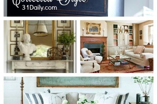 A collage of elegantly decorated living spaces displays various interior designs. The top section shows a black table with framed art, books, and a vase of pink flowers. Below are different rooms featuring chic furniture, greenery, and stylish accessories, showcasing a collected style.

.