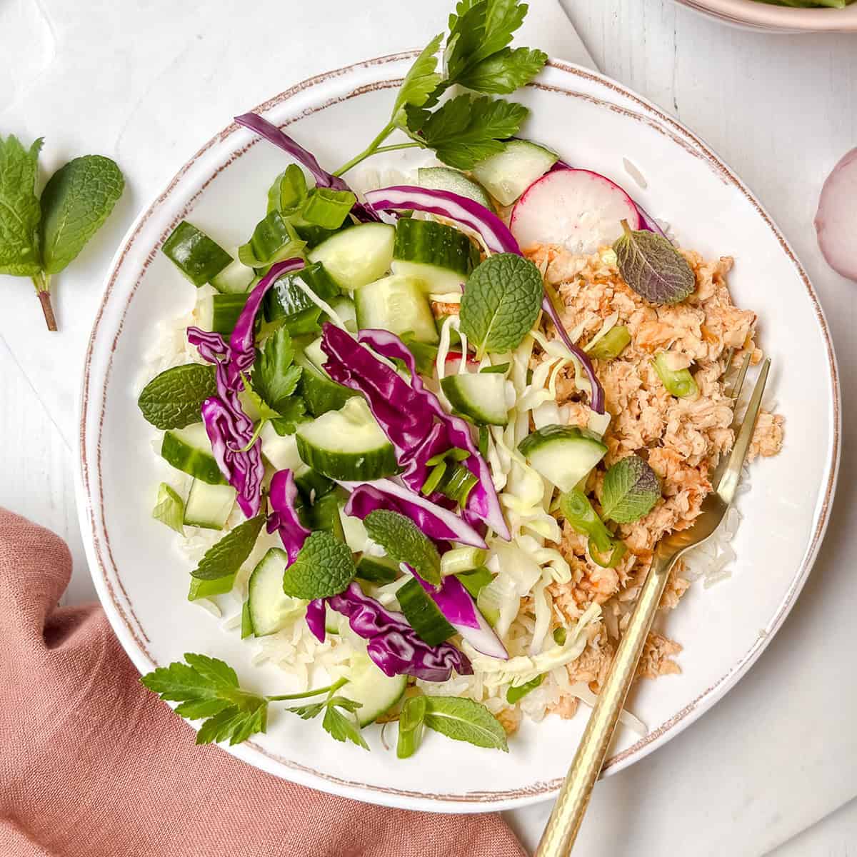 A plate with ground chicken, sliced cucumber, red cabbage, radish, shredded lettuce, and fresh herbs makes for one of the perfect healthy lunch ideas, served with a fork on the side.