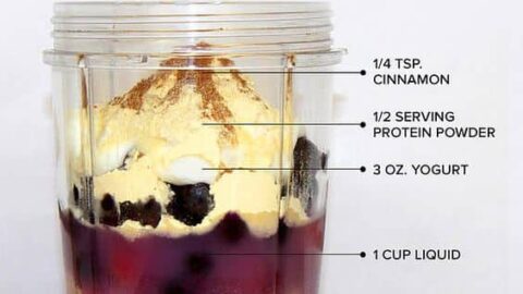 An infographic titled "How to Build the Perfect Smoothie" showing layered ingredients in a blender cup: 1/4 tsp cinnamon, 1/2 serving protein powder, 3 oz yogurt, 1 cup liquid, 2 cups fruit, and 2 cups greens. Ideal for weight loss smoothies. The Popsugar logo is at the bottom.