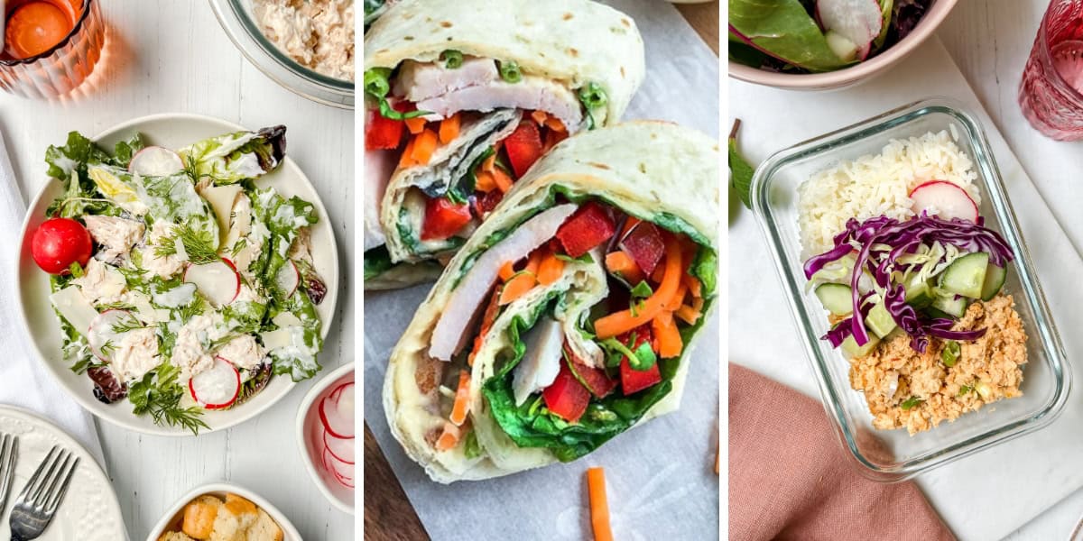 Three healthy lunch ideas are shown: a salad with chicken and radishes, a wrap filled with vegetables and chicken, and a divided container featuring rice, purple cabbage, cucumber, and a flavorful chickpea mixture.