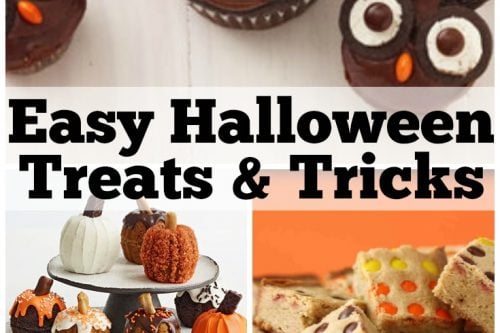 A collage of spooky and delightful Easy Halloween Treats: owl-themed cupcakes, eerie eyeball chocolate-covered apples, candy-stuffed cookies, and spider-adorned sweets. The white chocolate bark sprinkled in festive orange and black completes the display. Text reads: "Easy Halloween Treats & Tricks.