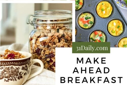 A collage of healthy breakfast ideas featuring spinach egg muffins, granola in a jar, oatmeal-topped muffins, a bowl of granola with milk, colorful mini frittatas, and a glass of strawberry-topped chia pudding.