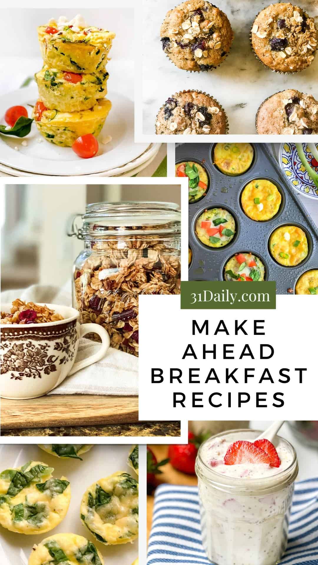 A collage of healthy breakfast ideas featuring spinach egg muffins, granola in a jar, oatmeal-topped muffins, a bowl of granola with milk, colorful mini frittatas, and a glass of strawberry-topped chia pudding.