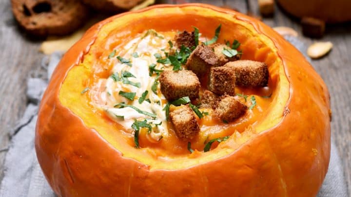 pumpkin curry soup in hollowed out pumpkin