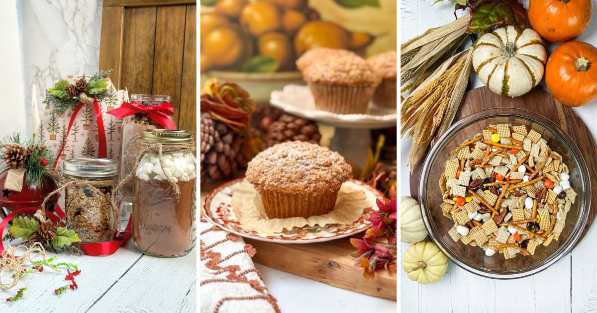 Three image collage featuring make ahead Thanksgiving food gifts including easy mason jar gifts, Panera pumpkin muffins, fall snack mix, and more.