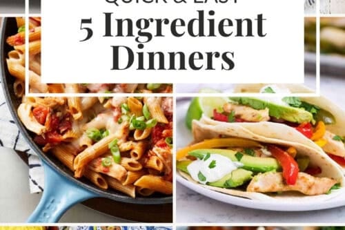 A collage of colorful dishes features tacos, pasta, chicken, and flatbread with the title text: “31 Quick & Easy 5 Ingredient Dinners.” Various fresh ingredients highlight these simple 5 ingredient meals.