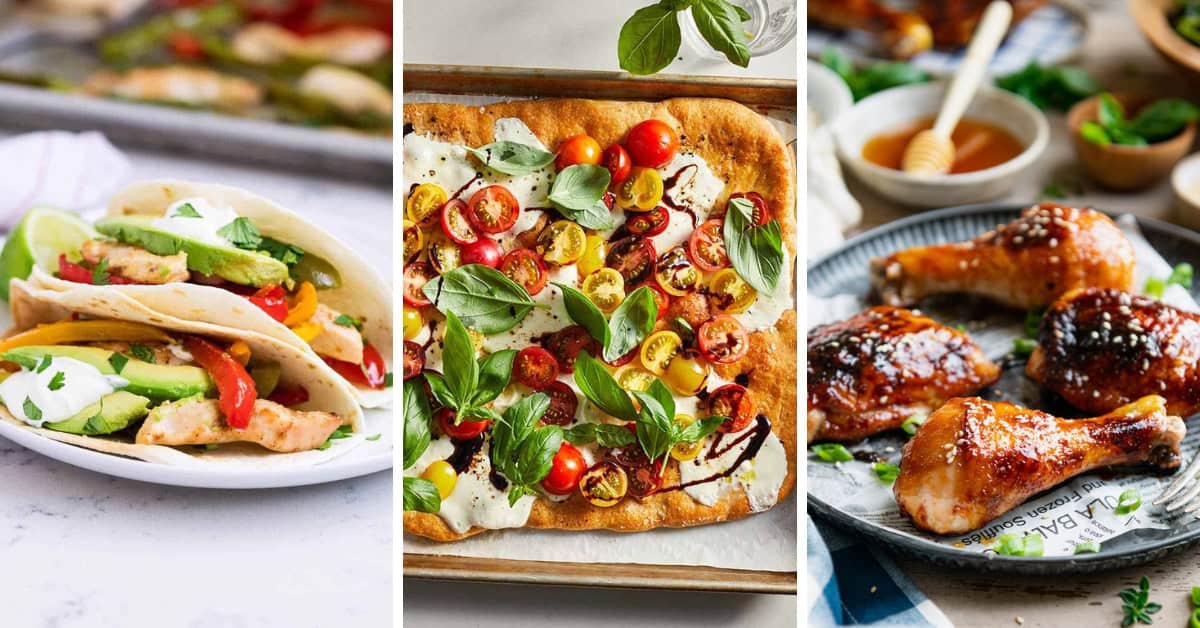 Enjoy quick and tasty meals with 5 ingredient chicken fajitas loaded with peppers and avocado, a fresh flatbread with cherry tomatoes and mozzarella, and saucy baked chicken drumsticks—all simple yet full of flavor.