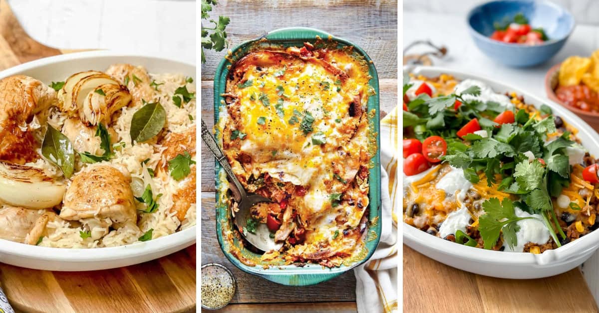Three dishes are shown: baked chicken with rice and onions, cheesy vegetable lasagna in a green baking dish, and a plate of nachos loaded with beans, cheese, tomatoes, sour cream, and cilantro—perfect inspiration for your next casserole recipes.