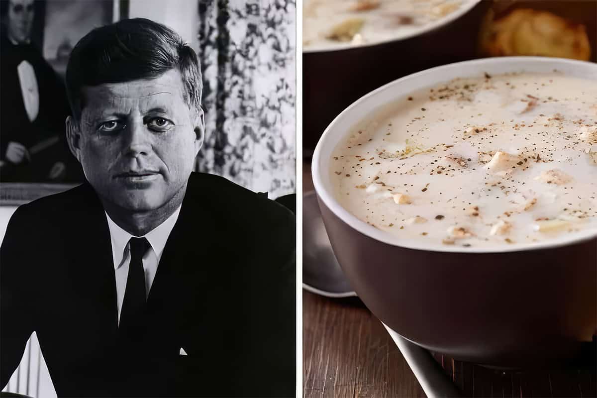 A black-and-white portrait of a John F Kennedy in a suit next to a close-up of a bowl of creamy fish chowder, with visible chunks and pepper on top.