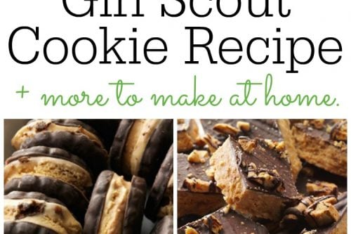 A collage showcases baking ingredients, cookie dough, and an array of Girl Scout Cookies, including chocolate-drizzled and nut-topped varieties. Text reads "1922 Original Girl Scout Cookie Recipe + more to make at home.