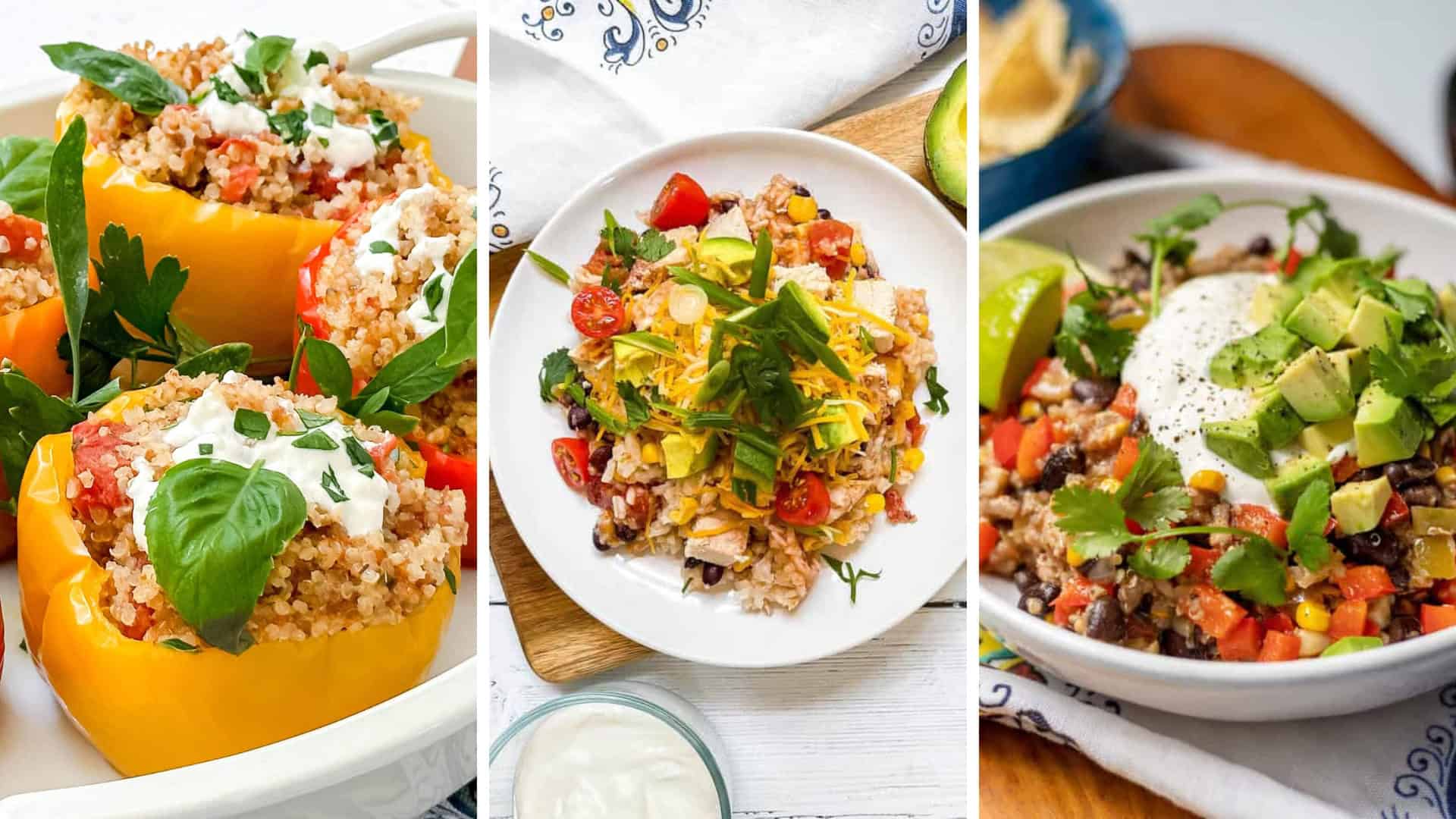 Three image collage of Healthy Slow Cooker recipes including stuffed peppers, soups, stews, burrito bowls, and more.