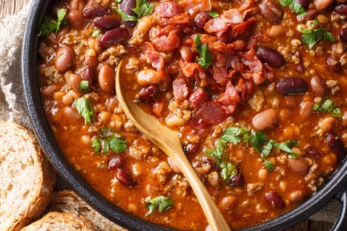 Top view of Slow Cooker Turkey Chili with whole wheat bread