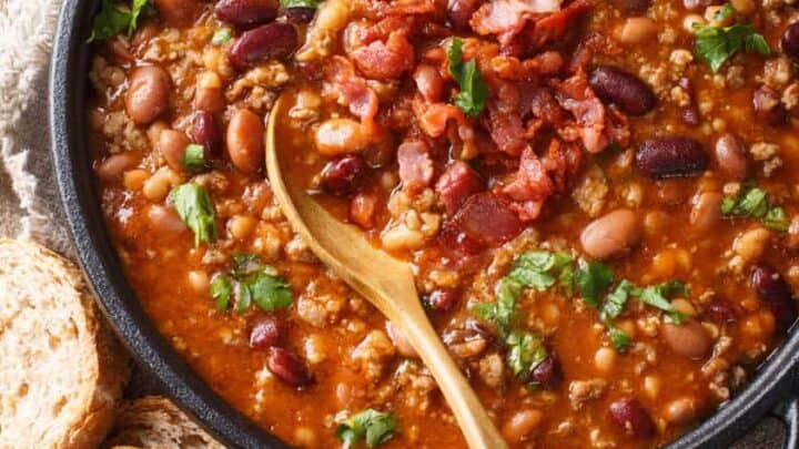 Top view of Slow Cooker Turkey Chili with whole wheat bread