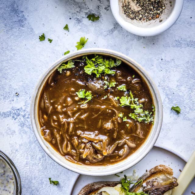 Top view of Irish Onion Soup