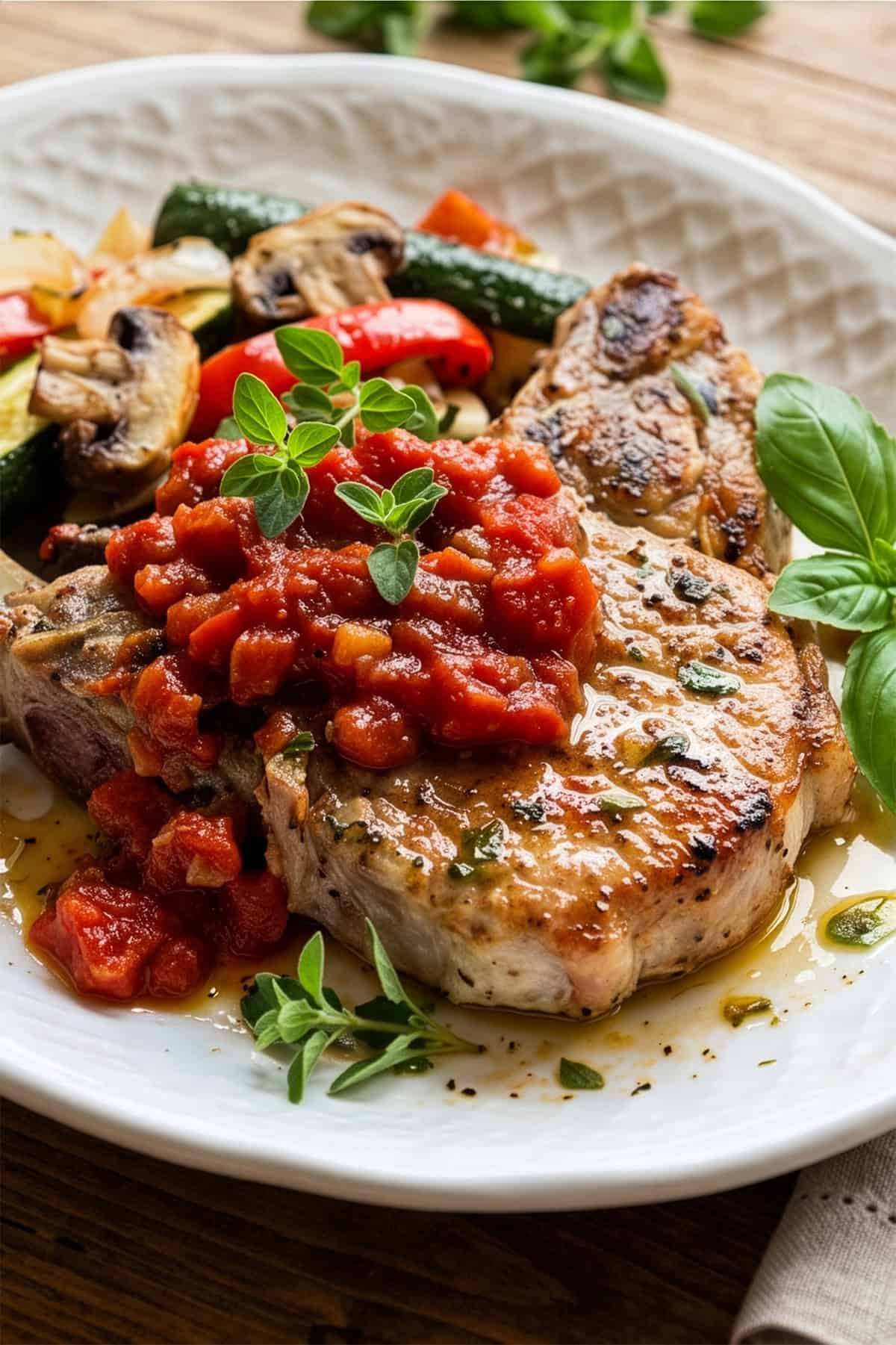 Italian Sheet Pan Pork Chops topped with tomato sauce, served alongside roasted vegetables like zucchini, mushrooms, and red peppers on a white plate.