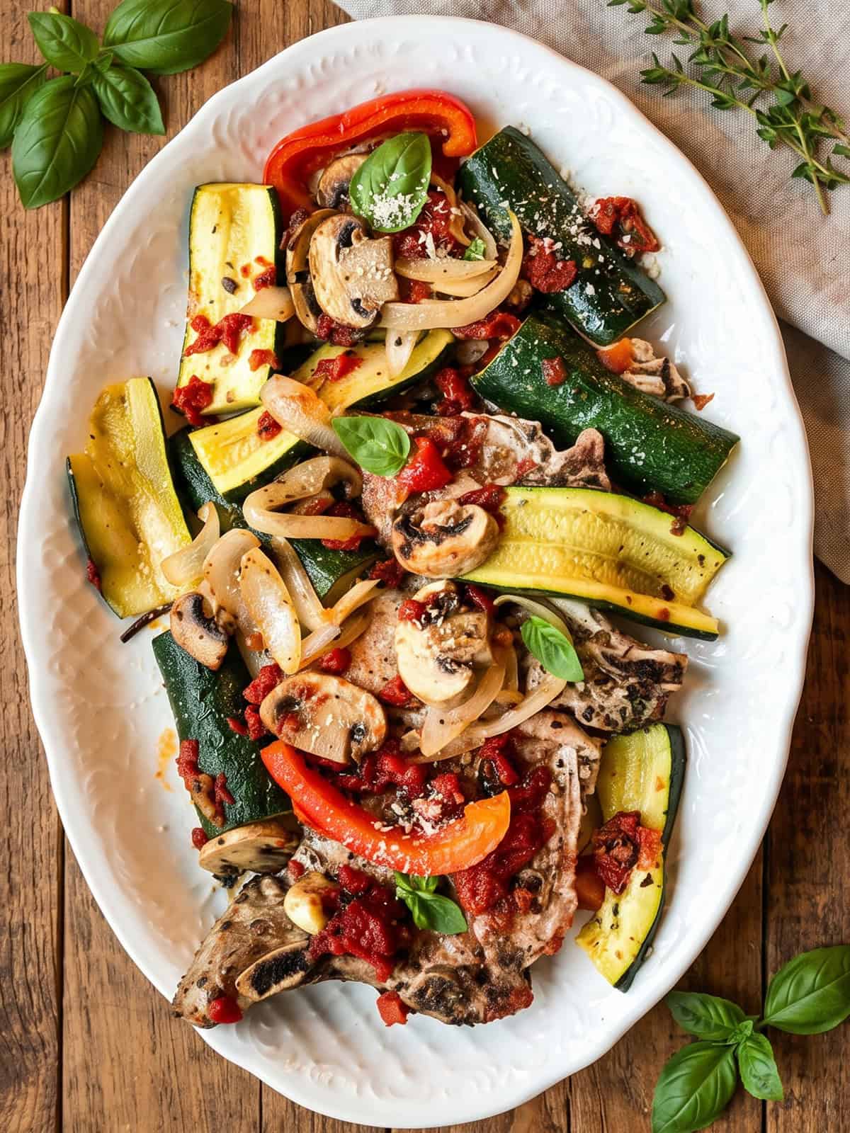 A white oval plate with Italian Sheet Pan Pork Chops, zucchini, red bell pepper, mushrooms, onions, diced tomatoes, and fresh basil leaves on a wooden table.