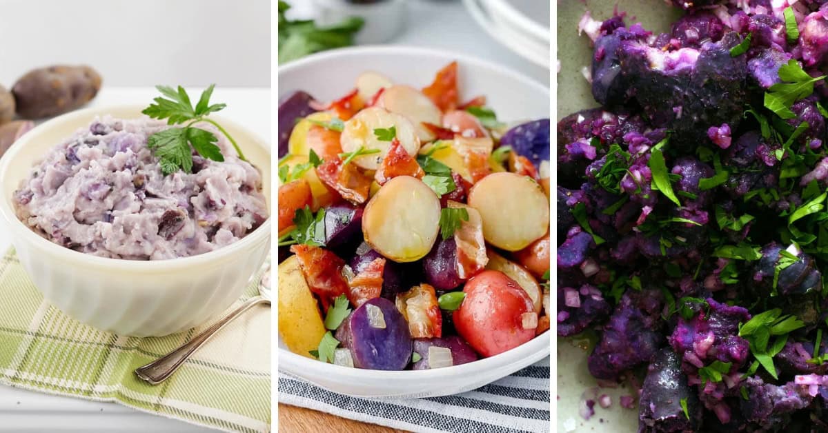 Three dishes featuring Purple Potatoes: mashed purple potatoes in a white bowl (left), a mixed salad with red, yellow, and purple potatoes in a white bowl (center), and chopped purple potatoes with herbs (right).