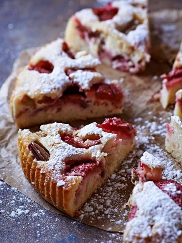side view of Strawberry Rhubarb Cake Slices
