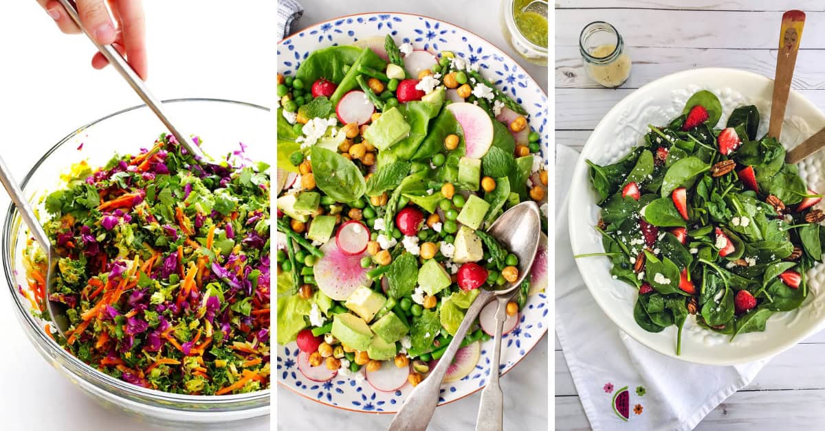 Three colorful Healthy Salads: one with shredded vegetables in a glass bowl, one with chickpeas, avocado, and radish on a patterned plate, and one with spinach, strawberries, and feta in a white bowl.