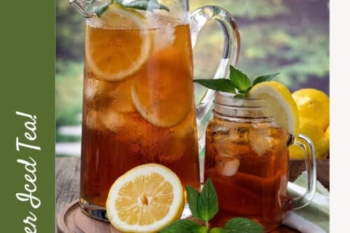 A glass pitcher and mason jar filled with classic sweet tea, garnished with lemon slices and mint leaves, sit on a wooden tray with whole lemons in the background. Text reads "Southern Sweet Tea: Natural Sweetener Options!.