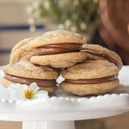 A stack of graham cookies with chocolate filling displayed on a white cake stand, with a small white flower in front. The background is softly blurred with hints of greenery and warm tones.