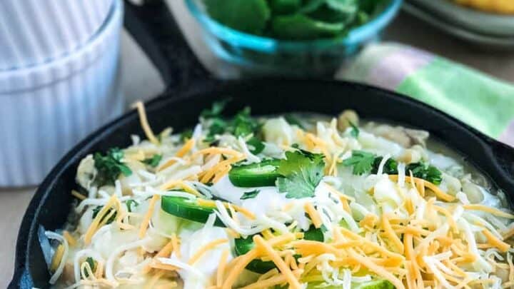 White Chicken Chili with Thai Basil and Cilantro with Chopped Parsley and Corn Muffins