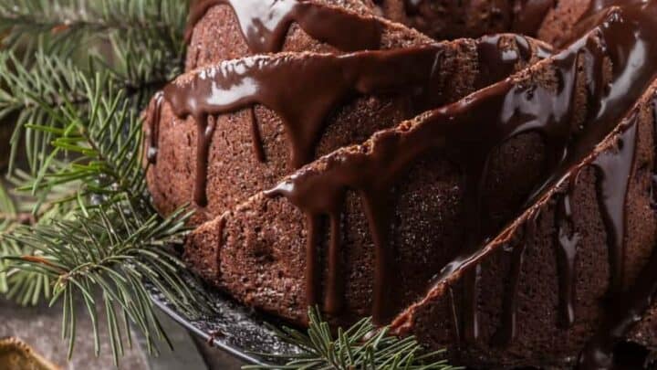 A gingerbread bundt cake drizzled with melted chocolate on a silver platter surrounded by winter fir branches.
