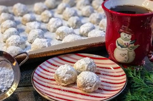 Russian Teacakes on a red and white plate