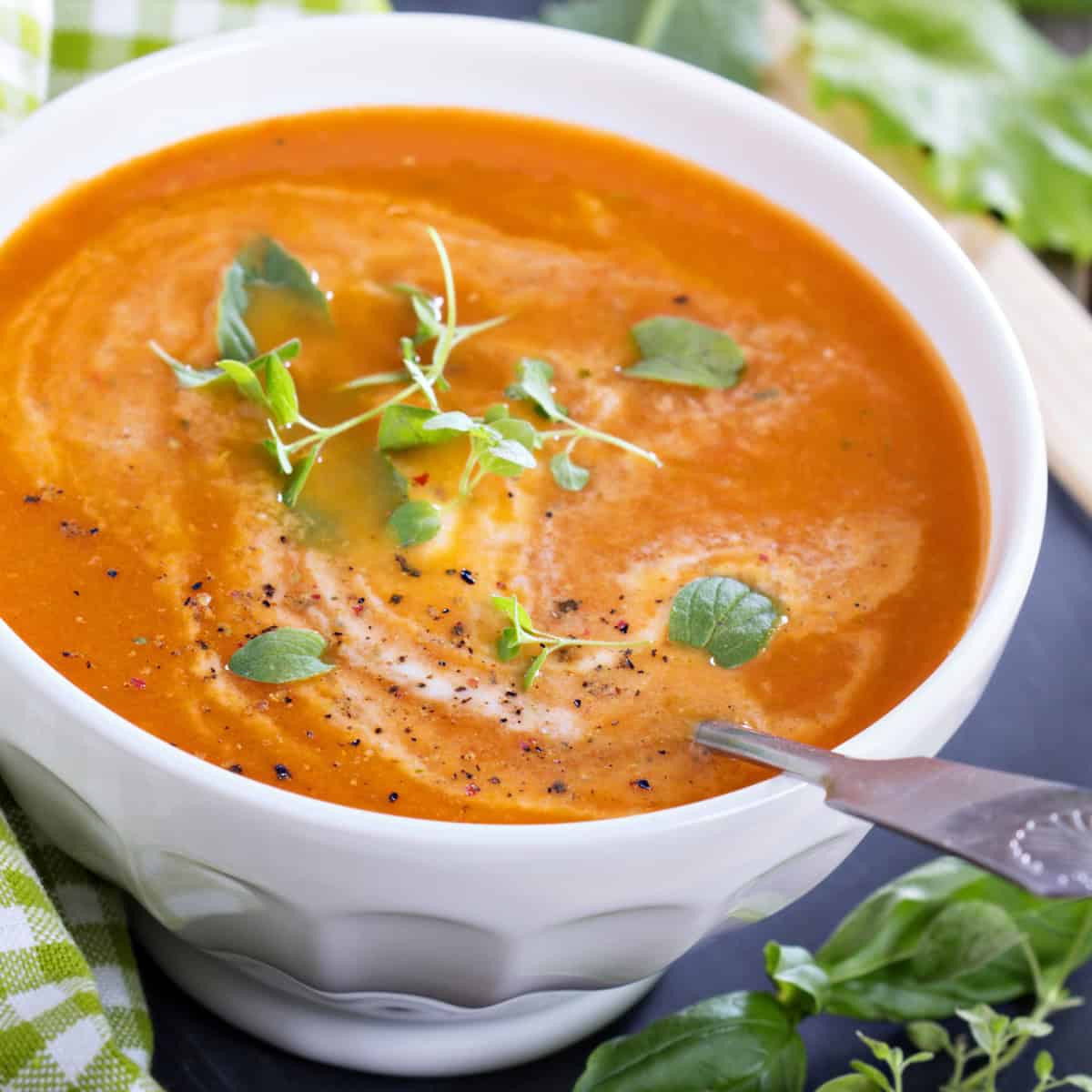 Creamy Italian inspired garden tomato soup topped with swirls of cream, microgreens and black pepper in a white bowl.