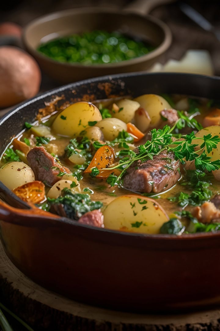 A pot of hearty beef stew inspired by Dublin Coddle, with potatoes, carrots, and fresh parsley sits on a wooden table, surrounded by herbs, mushrooms, and a bowl of chopped greens.