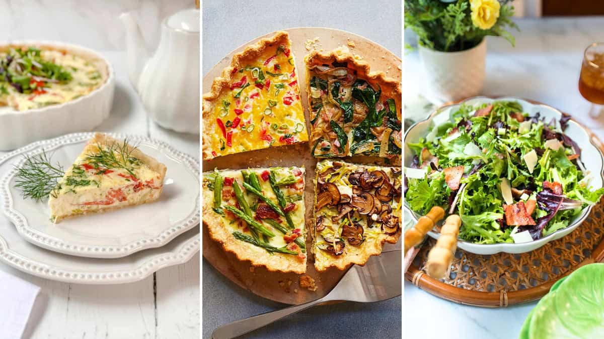 A collage showing a slice of vegetable quiche, a whole brunch quiche with various toppings cut into quarters, and a mixed green salad with bacon and avocado.