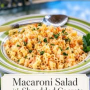 A plate of Pasta Salad with Shredded Carrots and herbs is served on a green-striped tablecloth outdoors, creating a fresh and inviting scene.