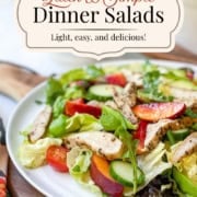 Fifteen minute chicken salad promotional Pinterest image with text "Quick and Simple Dinner Salads, light, easy, and delicious."