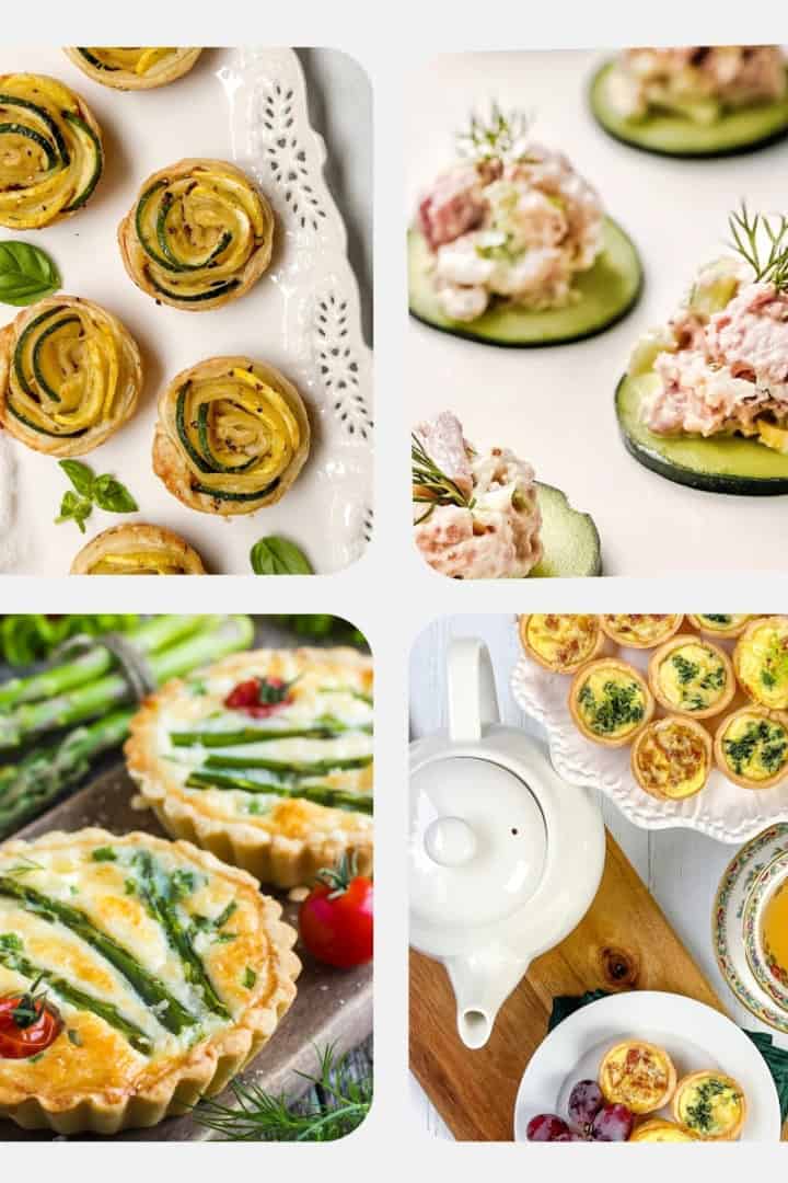 Collage of afternoon tea savory bites including zucchini tartlets, cucumber canapés, asparagus tartlets, and mini quiches served with tea.