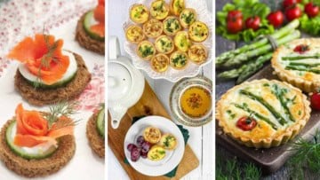 Three image collage of afternoon tea savory recipes including quiche, tarts, and canap&eacute;s.