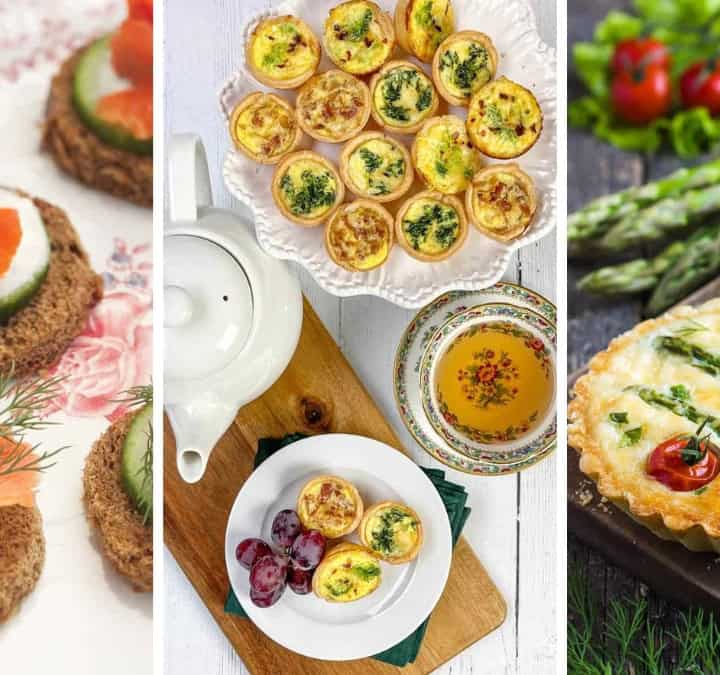 Three image collage of afternoon tea savory recipes including quiche, tarts, and canapés.
