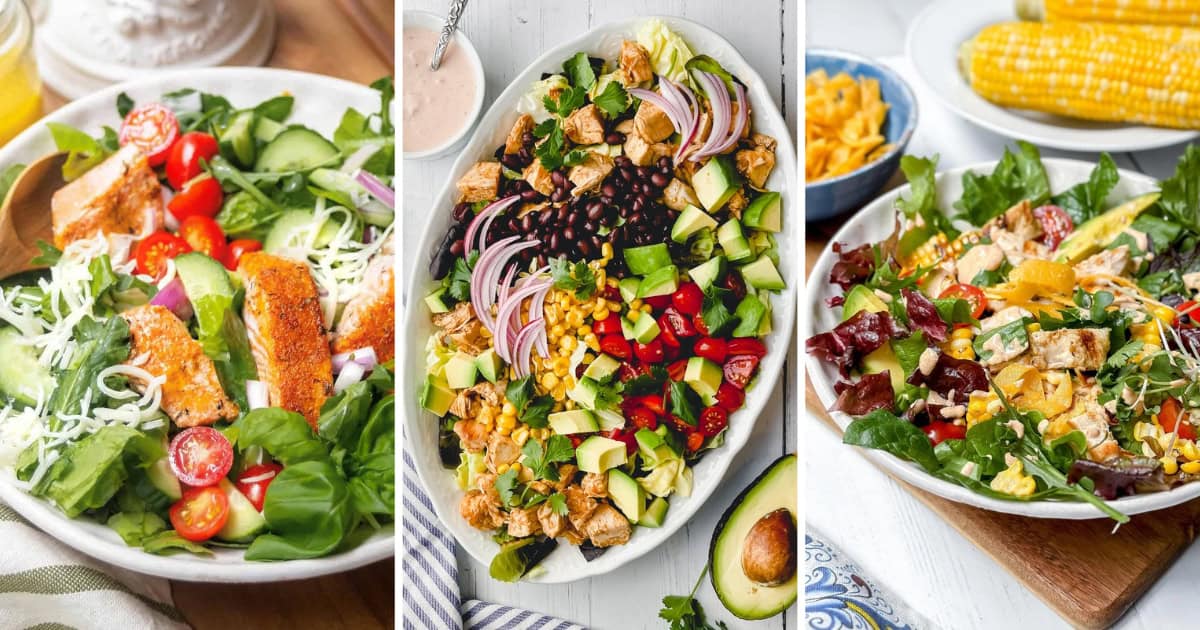 Three image collage of salmon salad, chicken taco salad, and southwest chicken salad plus more in dinner salads recipe collection.