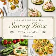 A collage of afternoon tea savory bites, including cucumber canapés, asparagus tarts, and mini quiches, is beautifully displayed on plates alongside tea and elegant garnishes.