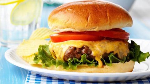Side view of hamburger for Labor Day celebrations with melting cheese, lettuce and tomatoes slices on a white plate.