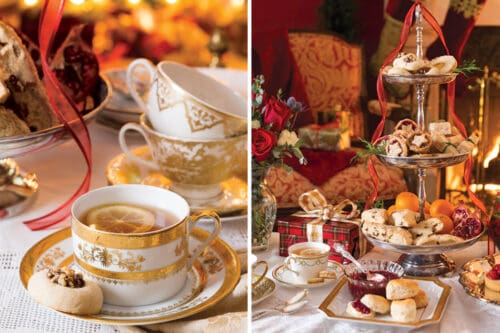 Gold and White Teacups with Teatime Food