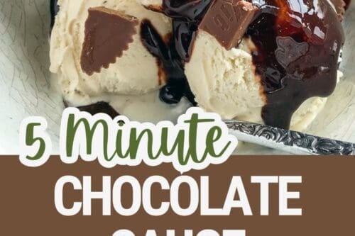 A bowl of vanilla ice cream topped with chocolate sauce, chocolate pieces, and wafer cookies, with rich chocolate sauce being poured on top. Below is a jar of homemade chocolate sauce and text: "5 Minute Chocolate Sauce.
